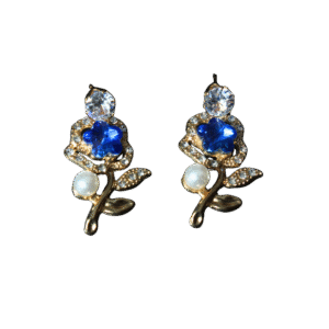 Blue Crystal Rose Earrings with Pearl Accent