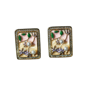 Floral Enamel Pearl Rectangular Stud Earrings